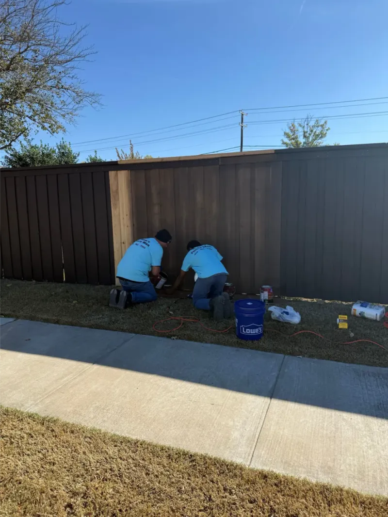 Two crew members staining a fence along a sidewalk.